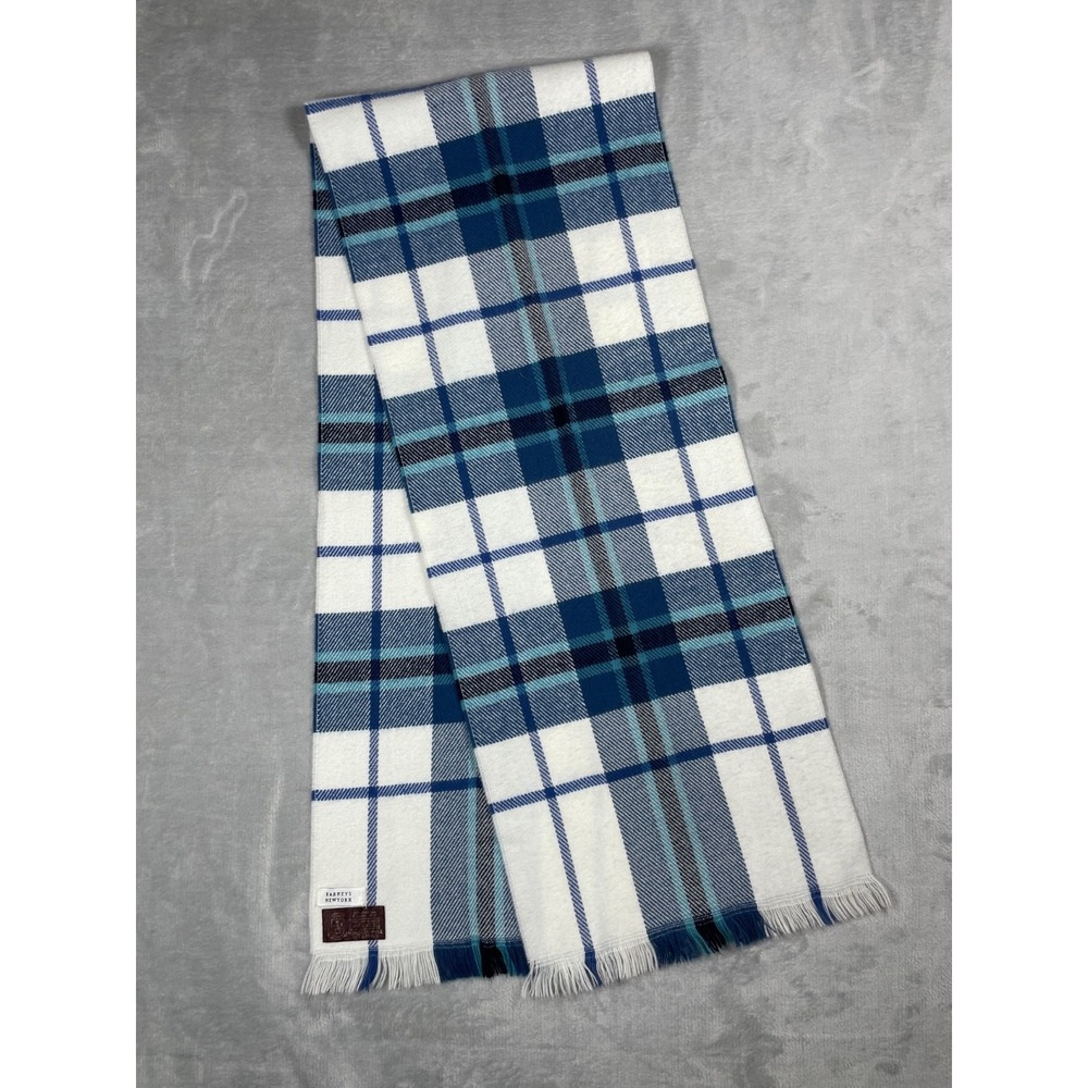 Barneys New York Plaid Wool Cashmere Scarf Blue White Fringe Made In Italy